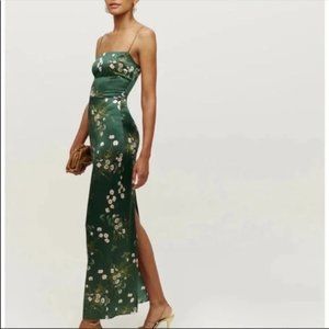 NWOT Reformation Frankie Silk Dress in Buena Green Floral Print Maxi